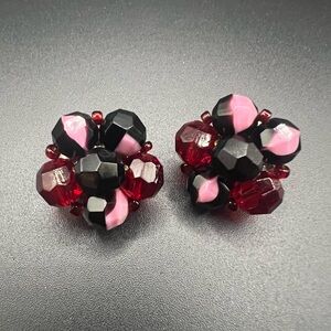 Vintage West Germany Black and Red Cluster Clip On Earrings